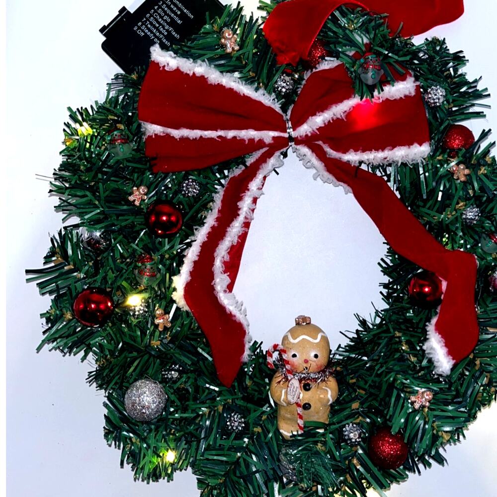 I am the cutest little gingerbread boy Prelit Christmas Wreath Lights Timer OOAK